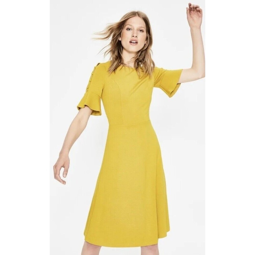 Boden Alexis Jersey Knit Dress Sz 10P Mustard Yellow Button Flared Sleeve Mini